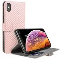 iPhone X / XS Protective Carbon Faux Leather Wallet, Rose Gold -  MA-UNB-033